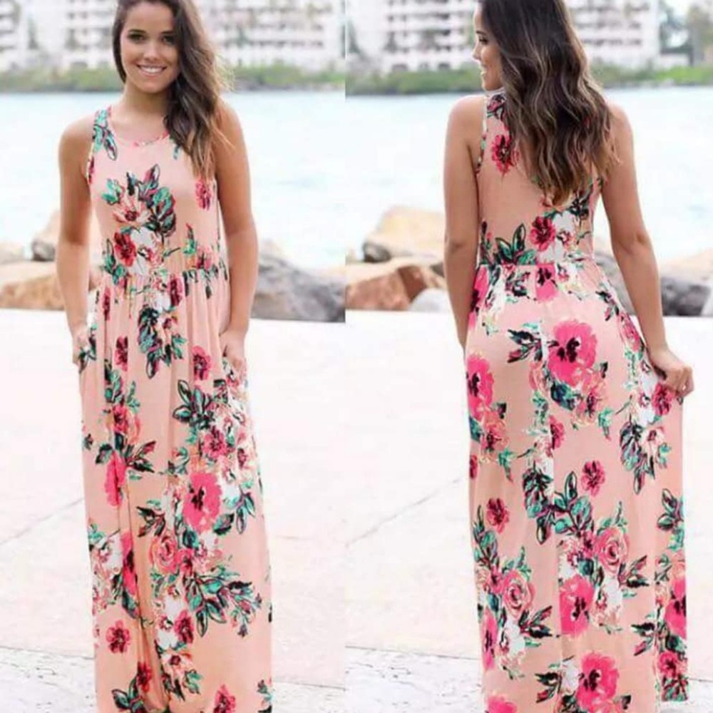 Pink floral sleeveless silky tank style maxi